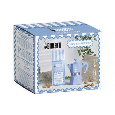 Bialetti Zestaw Moka Express 3tz Błękitna + kawa Perfetto Moka Mandorla 250g