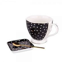 MODERN NATURE FILIŻANKA JUMBO NBC 350 ML Z PODSTAWKĄ 10X10 CM I ZŁOTĄ ŁYŻECZKĄ, DEK. DOTS, CZARNA W