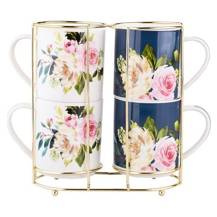 Zestaw 4 porcelanowych kubków na złotym stojaku